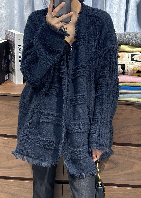 Classy Beige V Neck Tassel Woolen Loose Cardigans Fall Rl006