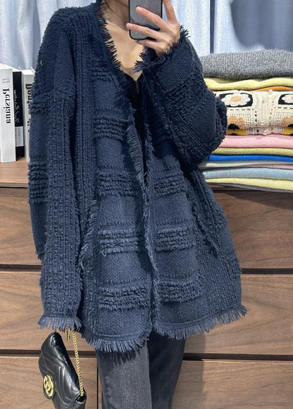 Classy Beige V Neck Tassel Woolen Loose Cardigans Fall Rl006
