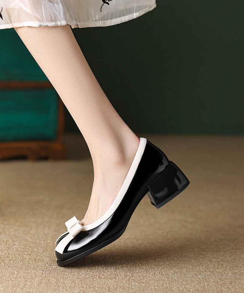 Splicing Classy Bow Shoes Chunky Faux Black Leather
