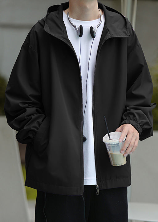 Coat Black Pockets Spring Cotton Zippered Hooded Classy