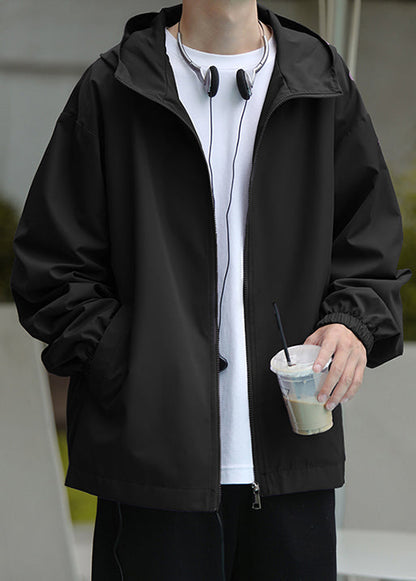 Coat Black Pockets Spring Cotton Zippered Hooded Classy