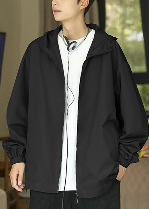 Coat Black Pockets Spring Cotton Zippered Hooded Classy