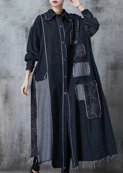 Classy Black Oversized Patchwork Applique Denim Coat Spring Jk1028