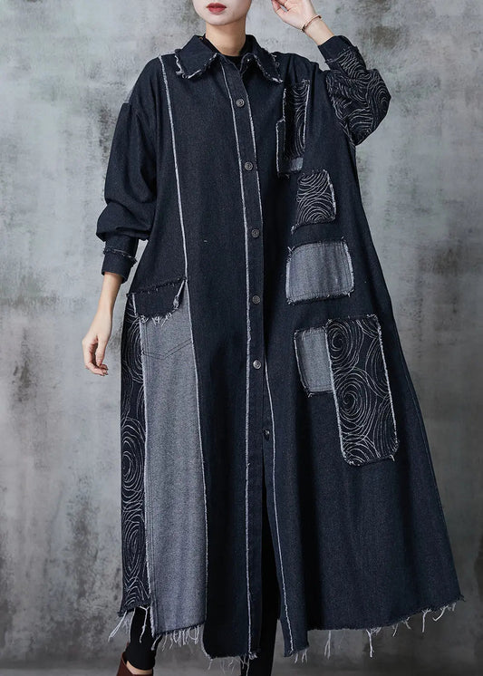 Classy Black Oversized Patchwork Applique Denim Coat Spring Jk1028