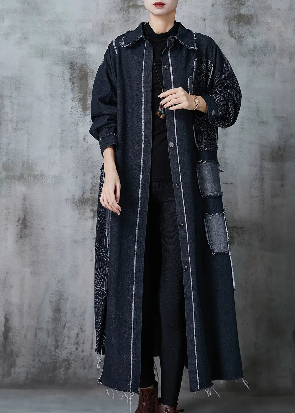 Classy Black Oversized Patchwork Applique Denim Coat Spring Jk1028