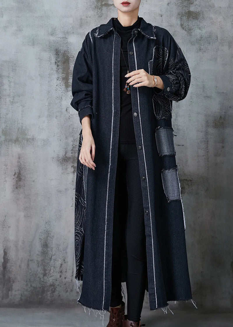 Classy Black Oversized Patchwork Applique Denim Coat Spring Jk1028