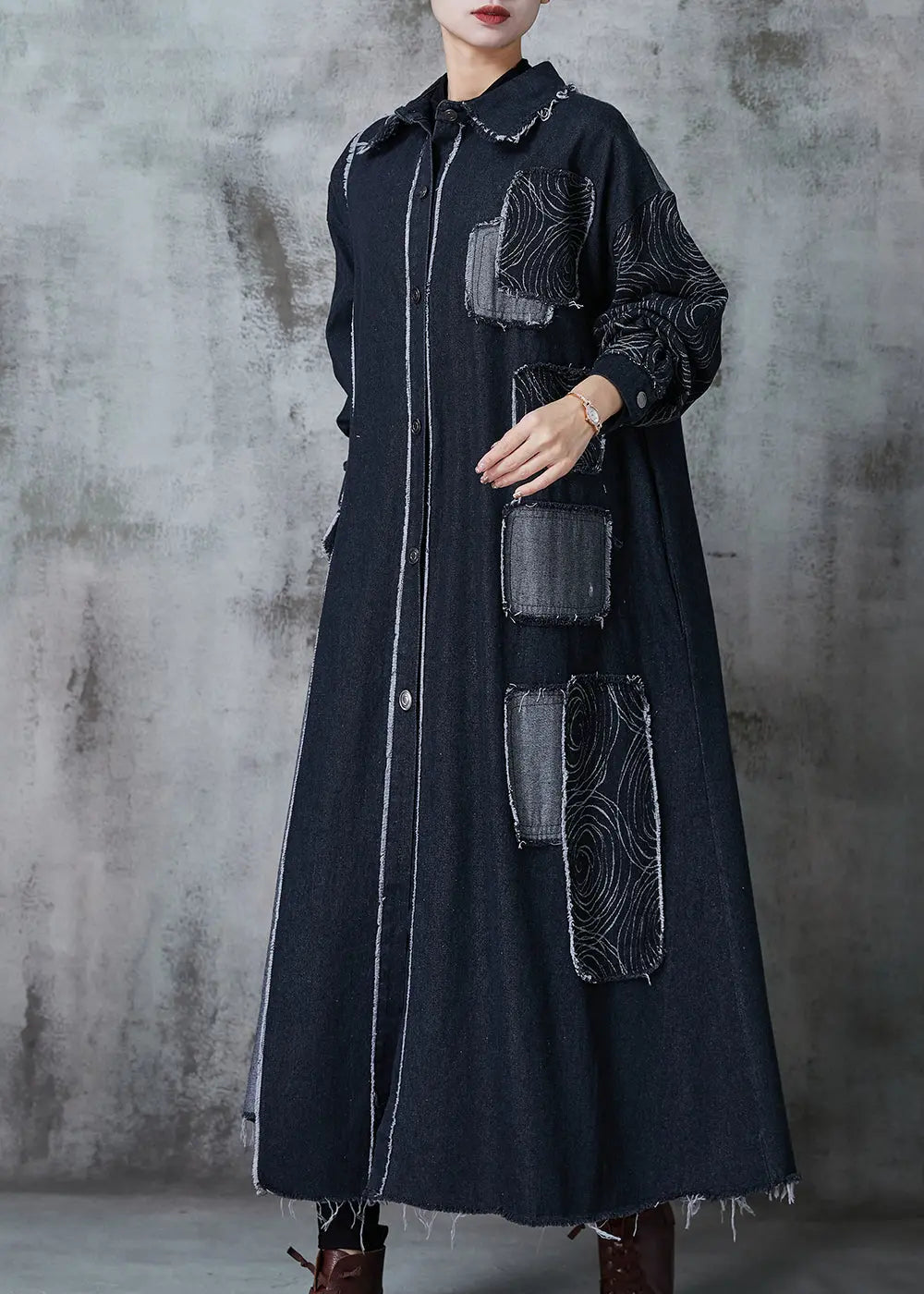 Classy Black Oversized Patchwork Applique Denim Coat Spring Jk1028