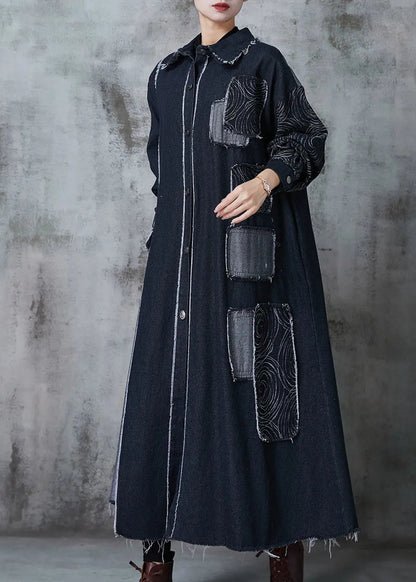 Classy Black Oversized Patchwork Applique Denim Coat Spring Jk1028