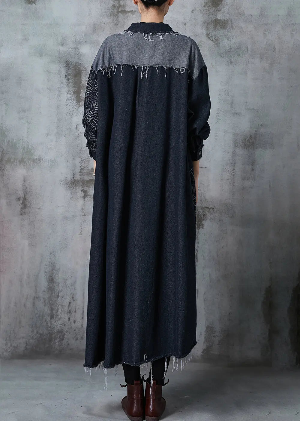 Classy Black Oversized Patchwork Applique Denim Coat Spring Jk1028
