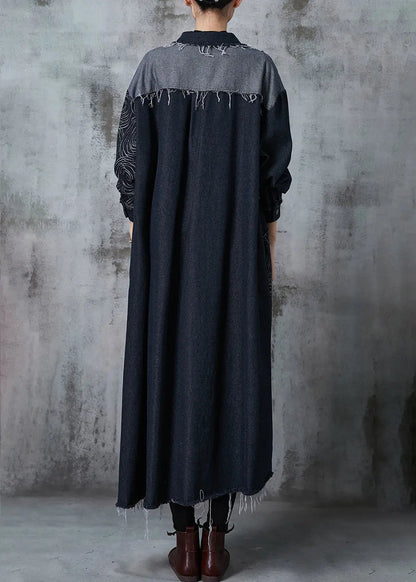 Classy Black Oversized Patchwork Applique Denim Coat Spring Jk1028