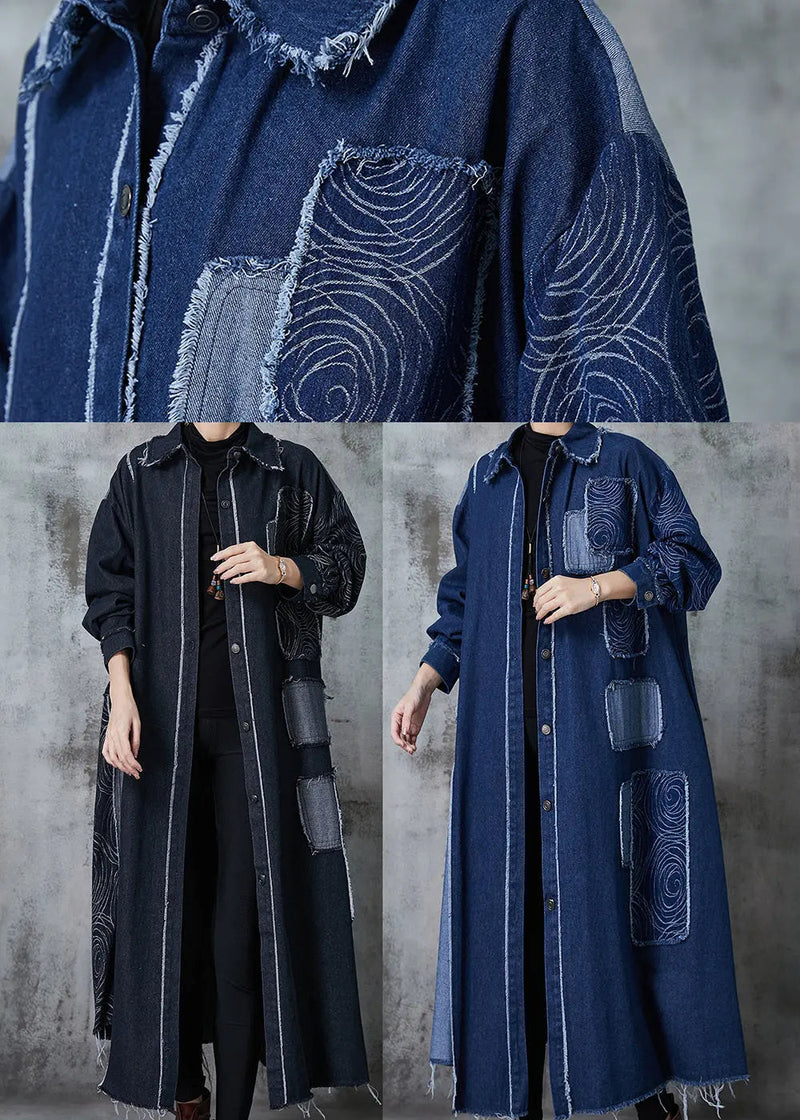 Classy Black Oversized Patchwork Applique Denim Coat Spring Jk1028