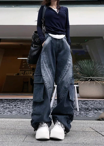 Classy Black Oversized With Pockets Denim Pants Spring Yf026