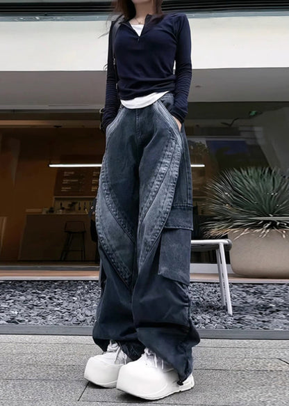 Classy Black Oversized With Pockets Denim Pants Spring Yf026