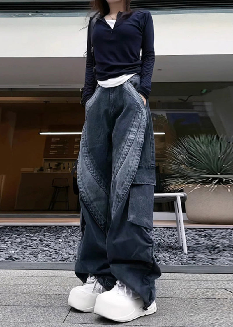 Classy Black Oversized With Pockets Denim Pants Spring Yf026