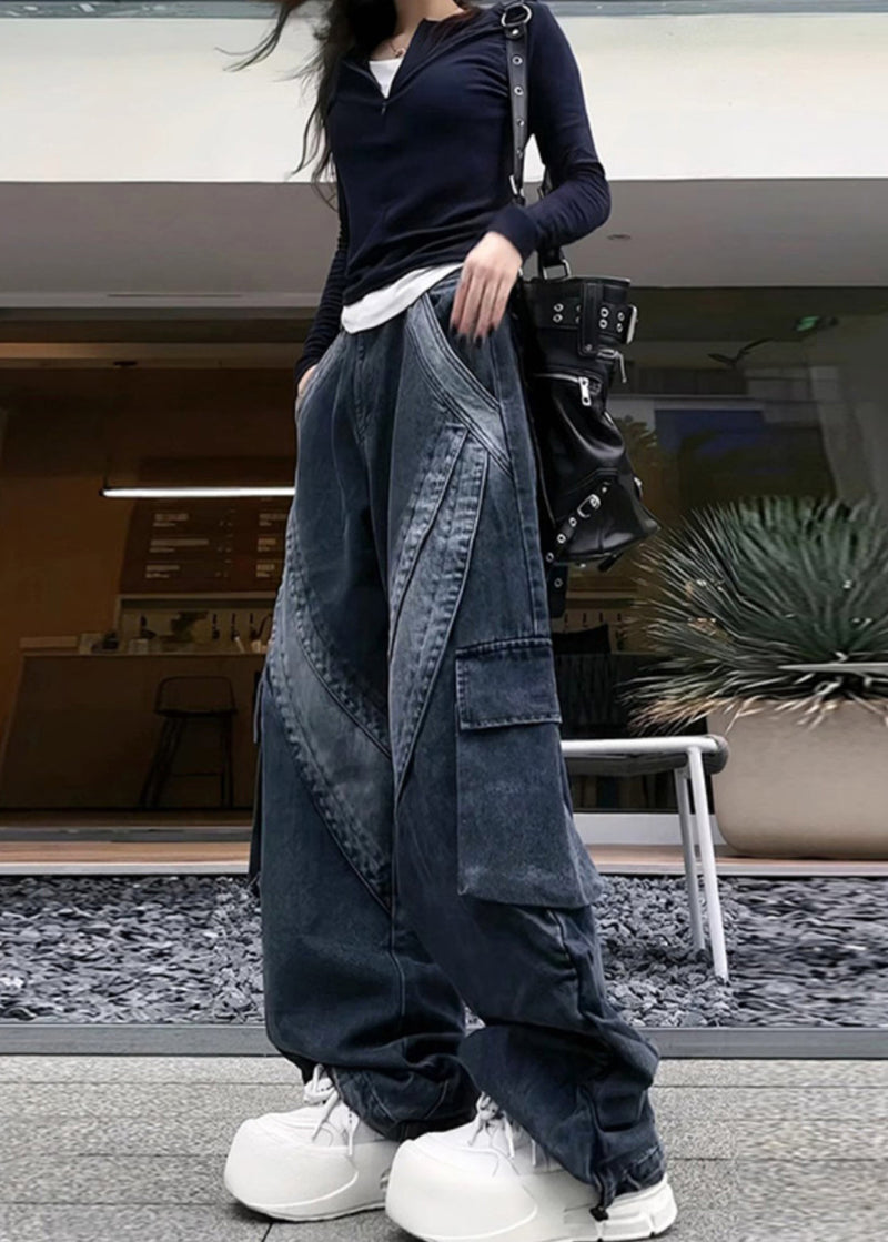 Classy Black Oversized With Pockets Denim Pants Spring Yf026
