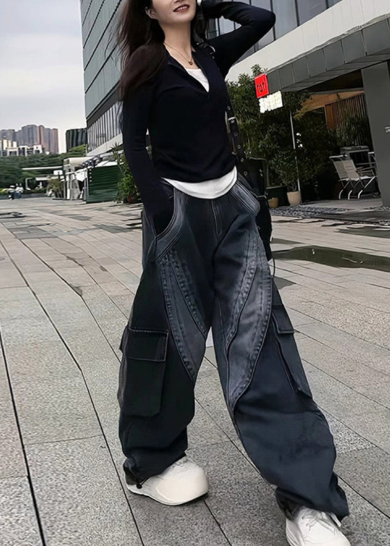 Classy Black Oversized With Pockets Denim Pants Spring Yf026