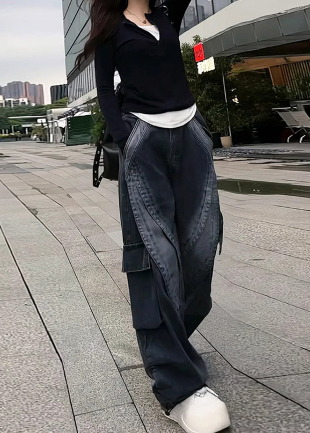Classy Black Oversized With Pockets Denim Pants Spring Yf026