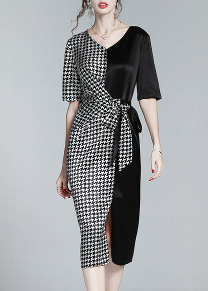 Classy Black V Neck Patchwork Plaid Tie Waist Silk Long Dresses Summer Ly1049
