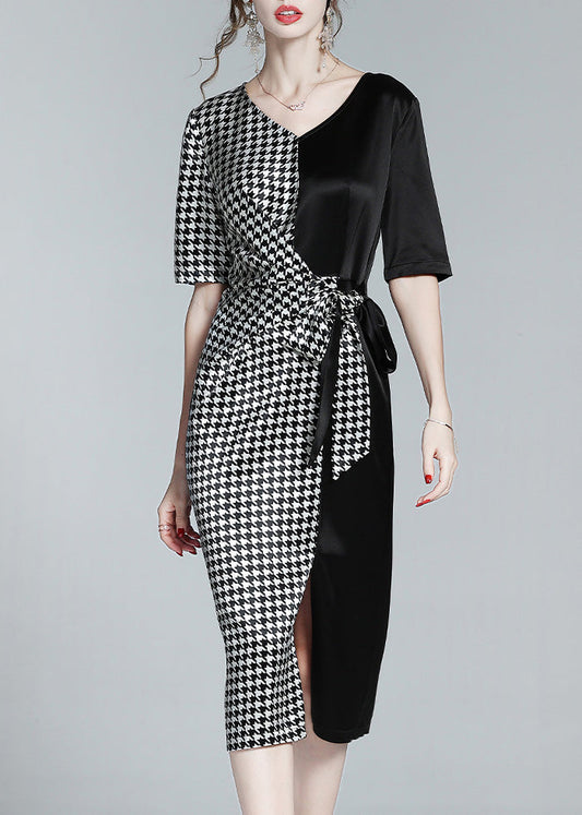 Classy Black V Neck Patchwork Plaid Tie Waist Silk Long Dresses Summer Ly1049