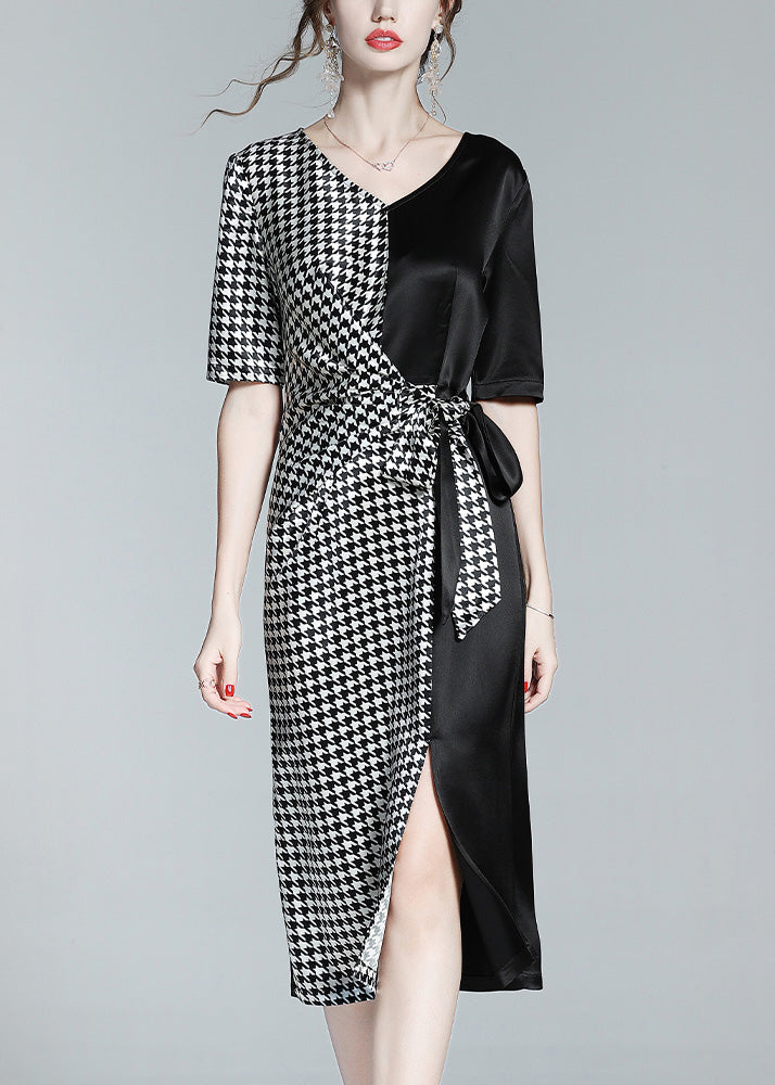 Classy Black V Neck Patchwork Plaid Tie Waist Silk Long Dresses Summer Ly1049