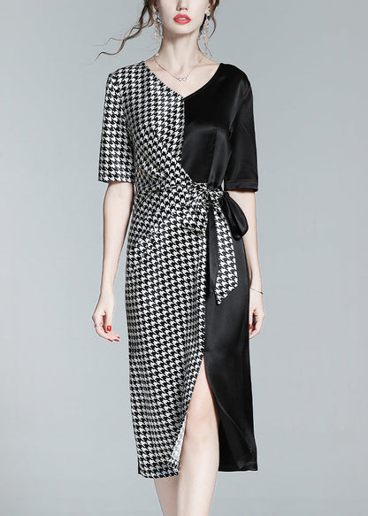 Classy Black V Neck Patchwork Plaid Tie Waist Silk Long Dresses Summer Ly1049