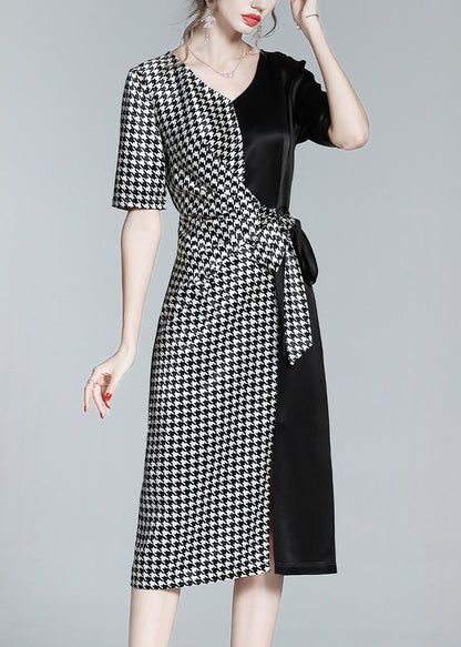 Classy Black V Neck Patchwork Plaid Tie Waist Silk Long Dresses Summer Ly1049