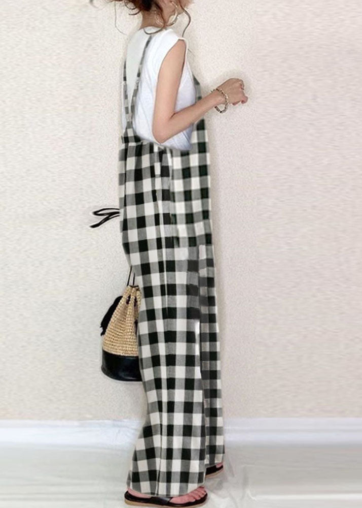 Classy Black White Plaid Oversized Cotton Overalls Jumpsuit Summer Ly1320