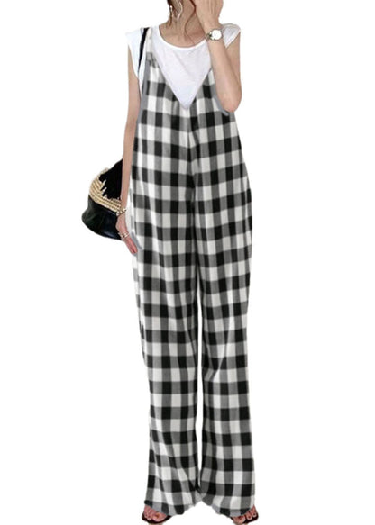 Classy Black White Plaid Oversized Cotton Overalls Jumpsuit Summer Ly1320