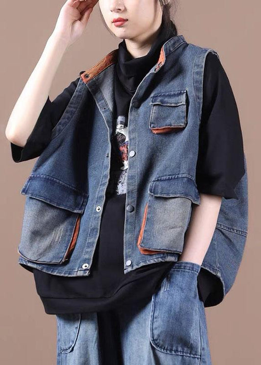 Classy Blue Button Pockets Patchwork Fall Denim Waistcoat Qs058
