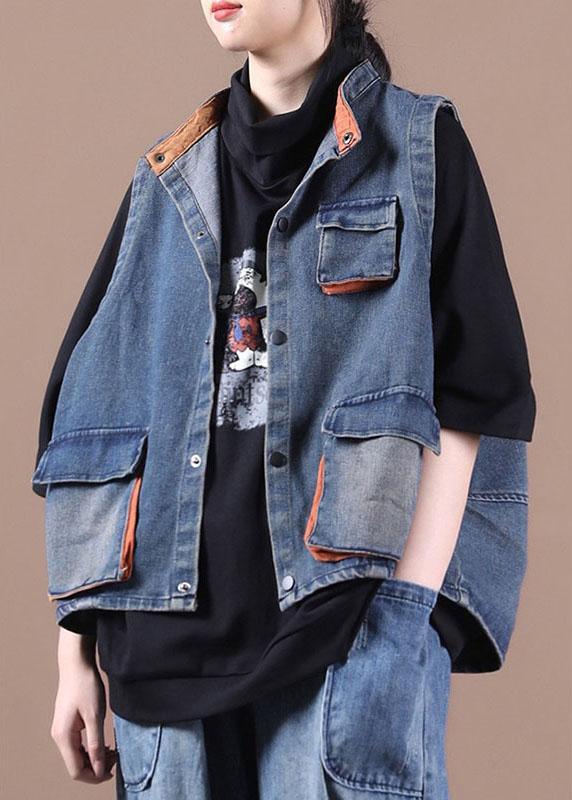 Classy Blue Button Pockets Patchwork Fall Denim Waistcoat Qs058