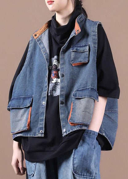 Classy Blue Button Pockets Patchwork Fall Denim Waistcoat Qs058