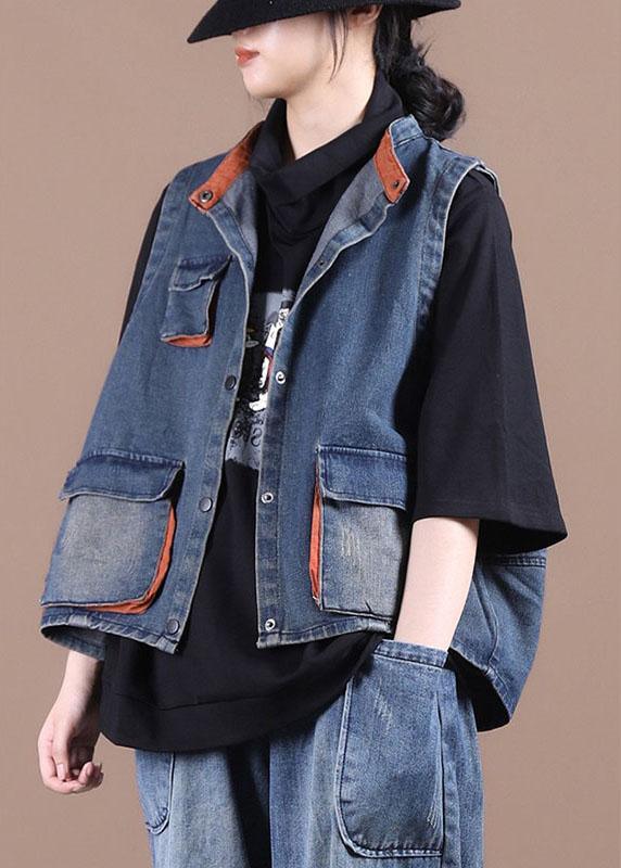Classy Blue Button Pockets Patchwork Fall Denim Waistcoat Qs058