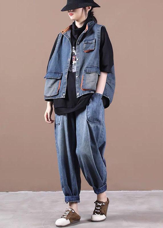 Classy Blue Button Pockets Patchwork Fall Denim Waistcoat Qs058