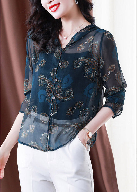Classy Blue Embroideried Button Hooded Tulle Coat Long Sleeve Ti1060