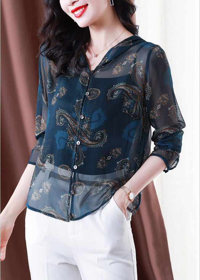 Classy Blue Embroideried Button Hooded Tulle Coat Long Sleeve Ti1060