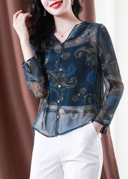 Classy Blue Embroideried Button Hooded Tulle Coat Long Sleeve Ti1060