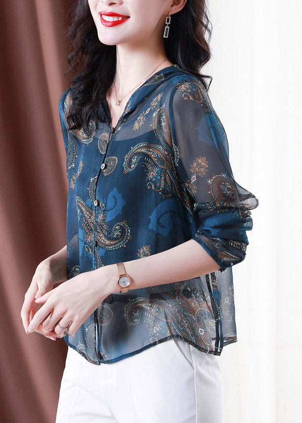 Classy Blue Embroideried Button Hooded Tulle Coat Long Sleeve Ti1060