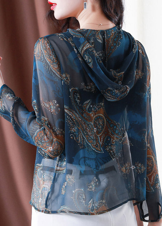 Classy Blue Embroideried Button Hooded Tulle Coat Long Sleeve Ti1060