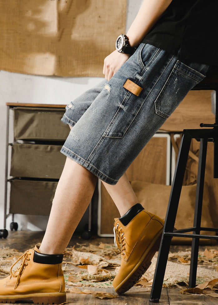 Classy Blue Hole Lace Up Denim Shorts Elastic Waist Summer Yl022