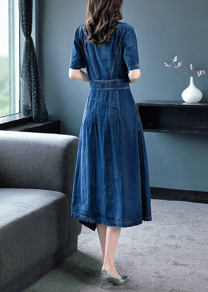 Classy Blue O-neck Asymmetrical Patchwork Cotton Holiday Denim Maxi Dress Short Sleeve Ac2016