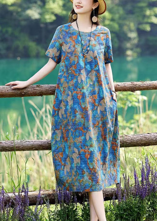 Print Summer Classy Cotton Long Dress O-neck Blue