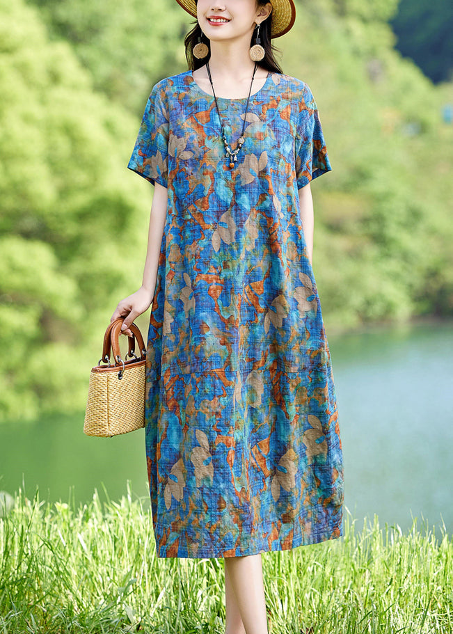 Print Summer Classy Cotton Long Dress O-neck Blue