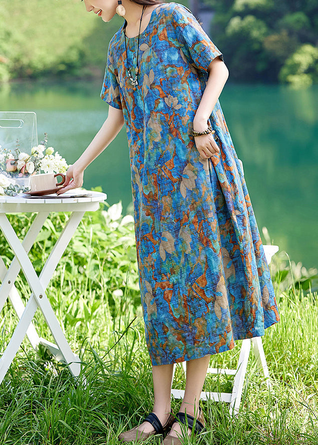Print Summer Classy Cotton Long Dress O-neck Blue