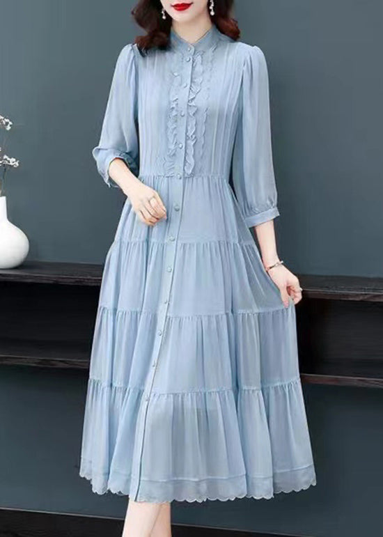 Classy Blue Ruffled Button Patchwork Silk Long Dresses Summer Bv002