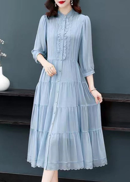 Classy Blue Ruffled Button Patchwork Silk Long Dresses Summer Bv002