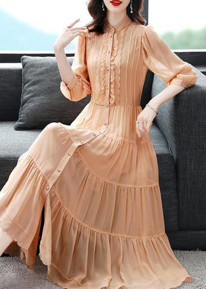 Classy Blue Ruffled Button Patchwork Silk Long Dresses Summer Bv002