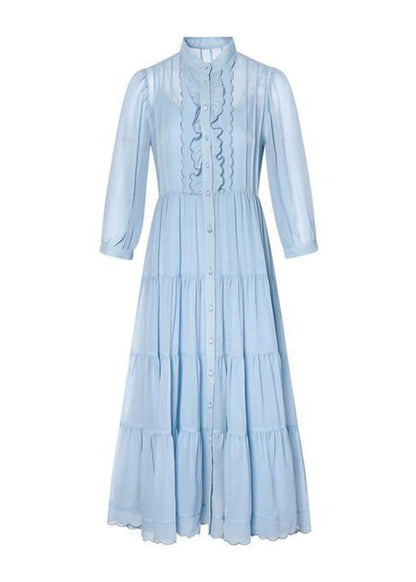 Classy Blue Ruffled Button Patchwork Silk Long Dresses Summer Bv002