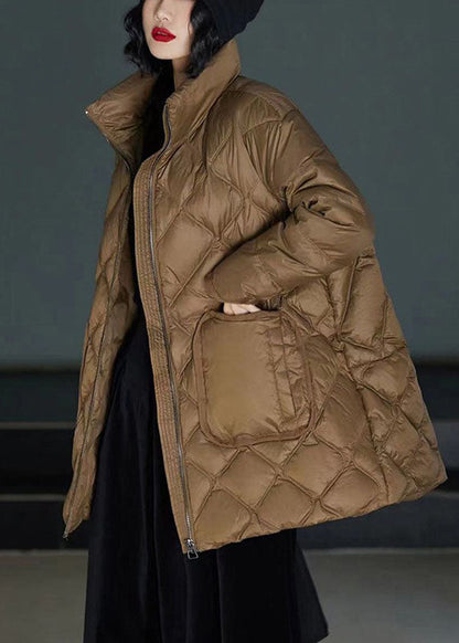 Classy Brown Stand Collar Zippered Duck Down Puffers Coats Winter Ly0001