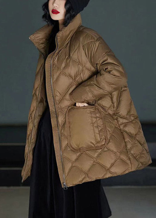 Classy Brown Stand Collar Zippered Duck Down Puffers Coats Winter Ly0001