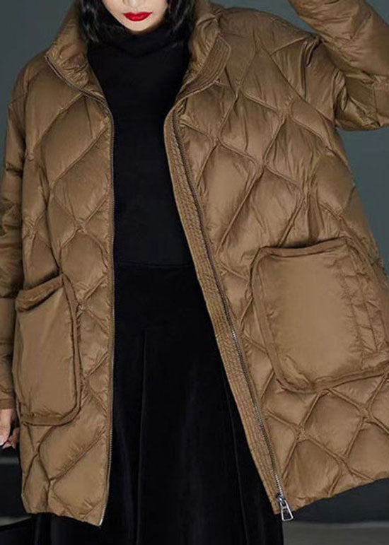 Classy Brown Stand Collar Zippered Duck Down Puffers Coats Winter Ly0001